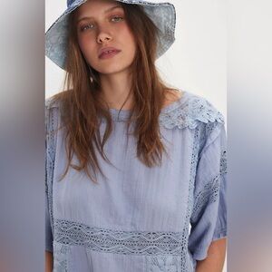 NWT We The Free Rustic Romance Top Light Blue Lace Detail Blouse
